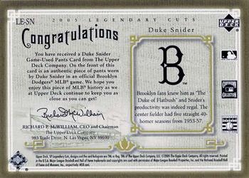 2005 SP Legendary Cuts - Legendary Lineage Material Gold #LE-SN Duke Snider Back