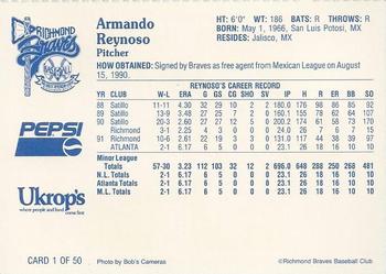 1992 Ukrop's Pepsi Richmond Braves #1 Armando Reynoso Back
