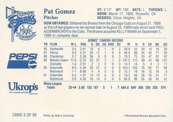 1992 Ukrop's Pepsi Richmond Braves #3 Pat Gomez Back