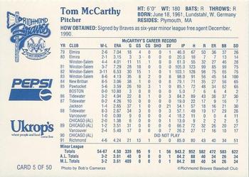 1992 Ukrop's Pepsi Richmond Braves #5 Tom McCarthy Back