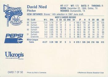 1992 Ukrop's Pepsi Richmond Braves #7 David Nied Back
