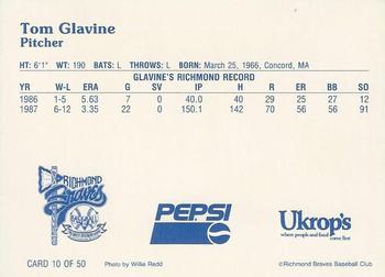 1992 Ukrop's Pepsi Richmond Braves #10 Tom Glavine Back