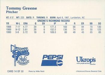 1992 Ukrop's Pepsi Richmond Braves #14 Tommy Greene Back