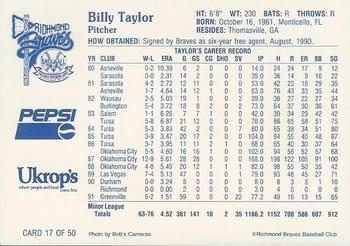 1992 Ukrop's Pepsi Richmond Braves #17 Billy Taylor Back