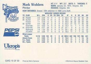1992 Ukrop's Pepsi Richmond Braves #19 Mark Wohlers Back