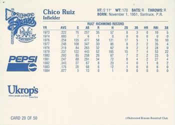 1992 Ukrop's Pepsi Richmond Braves #20 Chico Ruiz Back