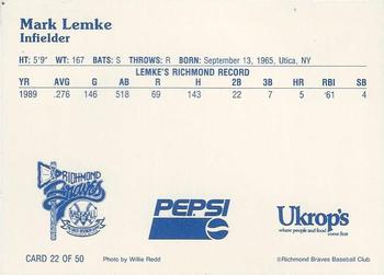 1992 Ukrop's Pepsi Richmond Braves #22 Mark Lemke Back