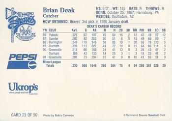 1992 Ukrop's Pepsi Richmond Braves #23 Brian Deak Back