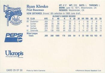 1992 Ukrop's Pepsi Richmond Braves #29 Ryan Klesko Back