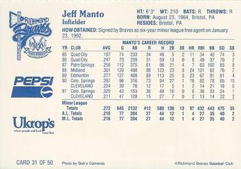1992 Ukrop's Pepsi Richmond Braves #31 Jeff Manto Back
