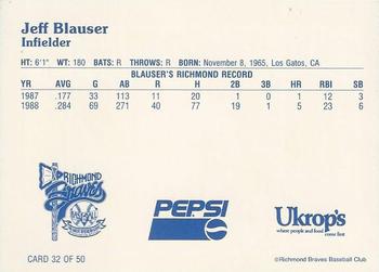 1992 Ukrop's Pepsi Richmond Braves #32 Jeff Blauser Back