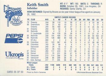 1992 Ukrop's Pepsi Richmond Braves #35 Keith Smith Back