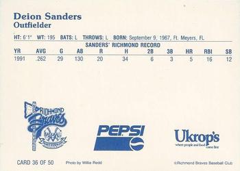 1992 Ukrop's Pepsi Richmond Braves #36 Deion Sanders Back