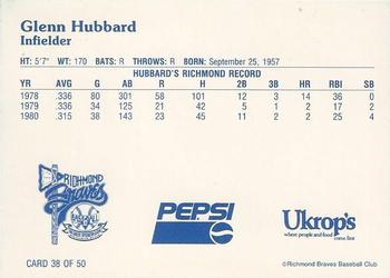 1992 Ukrop's Pepsi Richmond Braves #38 Glenn Hubbard Back