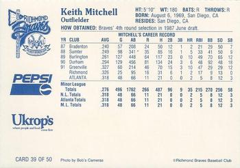 1992 Ukrop's Pepsi Richmond Braves #39 Keith Mitchell Back