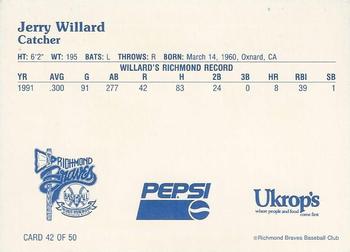 1992 Ukrop's Pepsi Richmond Braves #42 Jerry Willard Back