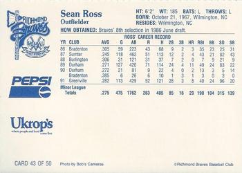 1992 Ukrop's Pepsi Richmond Braves #43 Sean Ross Back