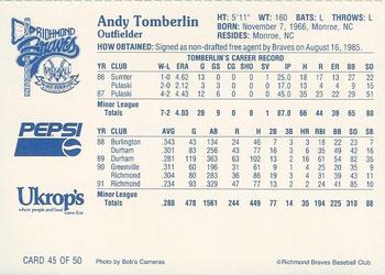 1992 Ukrop's Pepsi Richmond Braves #45 Andy Tomberlin Back