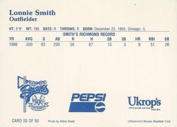 1992 Ukrop's Pepsi Richmond Braves #50 Lonnie Smith Back