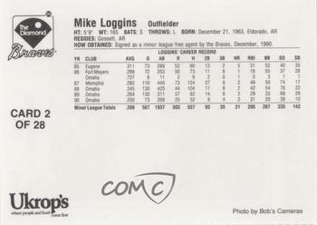 1991 Ukrop's Richmond Braves #2 Mike Loggins Back