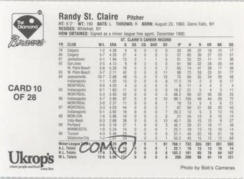 1991 Ukrop's Richmond Braves #10 Randy St. Claire Back