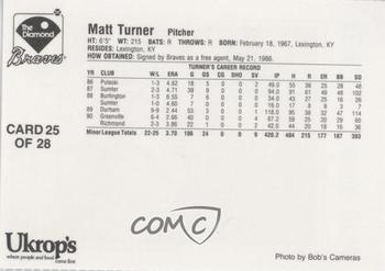 1991 Ukrop's Richmond Braves #25 Matt Turner Back
