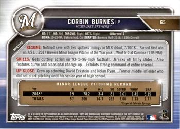 2019 Bowman - Blue #65 Corbin Burnes Back