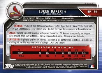 2019 Bowman - Prospects #BP-116 Luken Baker Back