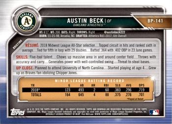 2019 Bowman - Prospects Blue #BP-141 Austin Beck Back