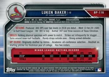 2019 Bowman - Prospects Green #BP-116 Luken Baker Back
