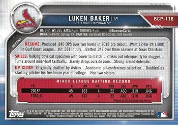 2019 Bowman - Chrome Prospects #BCP-116 Luken Baker Back