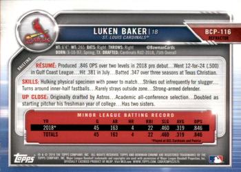 2019 Bowman - Chrome Prospects Refractor #BCP-116 Luken Baker Back
