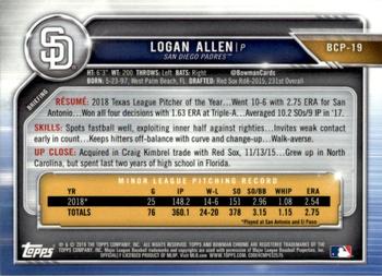 2019 Bowman - Chrome Prospects Blue Refractor #BCP-19 Logan Allen Back