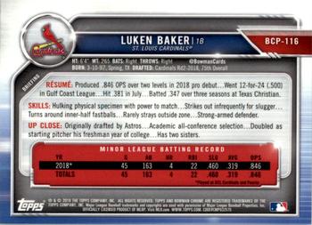 2019 Bowman - Chrome Prospects Blue Refractor #BCP-116 Luken Baker Back
