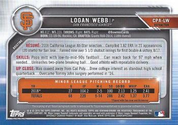 2019 Bowman - Chrome Prospect Autographs Refractor #CPA-LW Logan Webb Back
