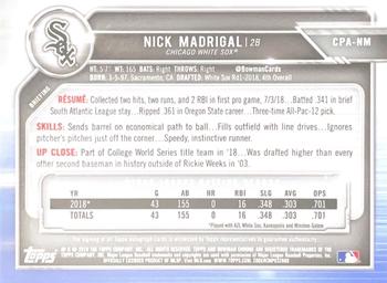 2019 Bowman - Chrome Prospect Autographs Green Refractor #CPA-NM Nick Madrigal Back