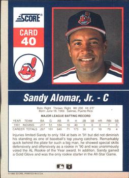 1992 Score - 90's Impact Players #40 Sandy Alomar Jr. Back