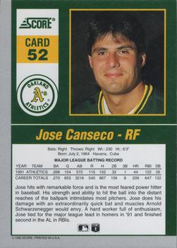 1992 Score - 90's Impact Players #52 Jose Canseco Back