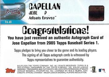 2005 Topps - Autographs #TA-JC Jose Capellan Back