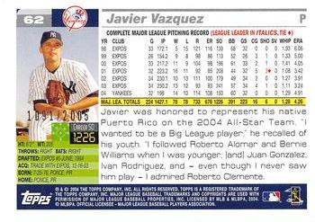 2005 Topps - Gold #62 Javier Vazquez Back