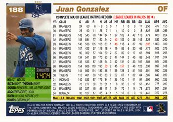 2005 Topps - Gold #188 Juan Gonzalez Back