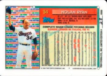 1993 R&N China Topps Nolan Ryan #34 Nolan Ryan Back