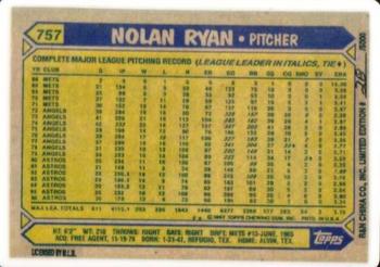 1993 R&N China Topps Nolan Ryan #757 Nolan Ryan Back
