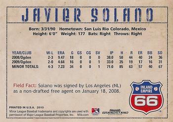 2010 Grandstand Inland Empire 66ers #NNO Javier Solano Back