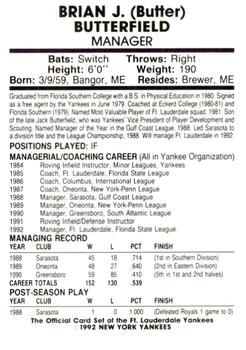 1992 Fort Lauderdale Yankees #3 Brian Butterfield Back