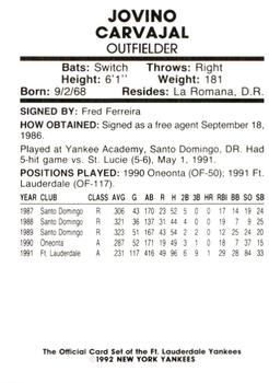 1992 Fort Lauderdale Yankees #5 Jovino Carvajal Back