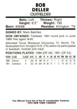1992 Fort Lauderdale Yankees #6 Bob Deller Back