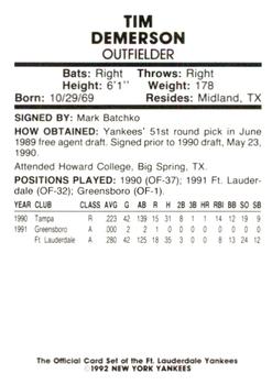 1992 Fort Lauderdale Yankees #7 Tim Demerson Back