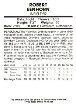 1992 Fort Lauderdale Yankees #8 Robert Eenhoorn Back