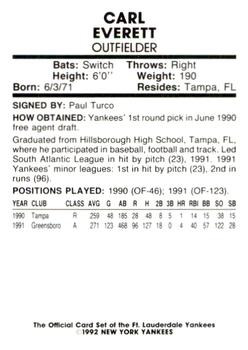 1992 Fort Lauderdale Yankees #10 Carl Everett Back
